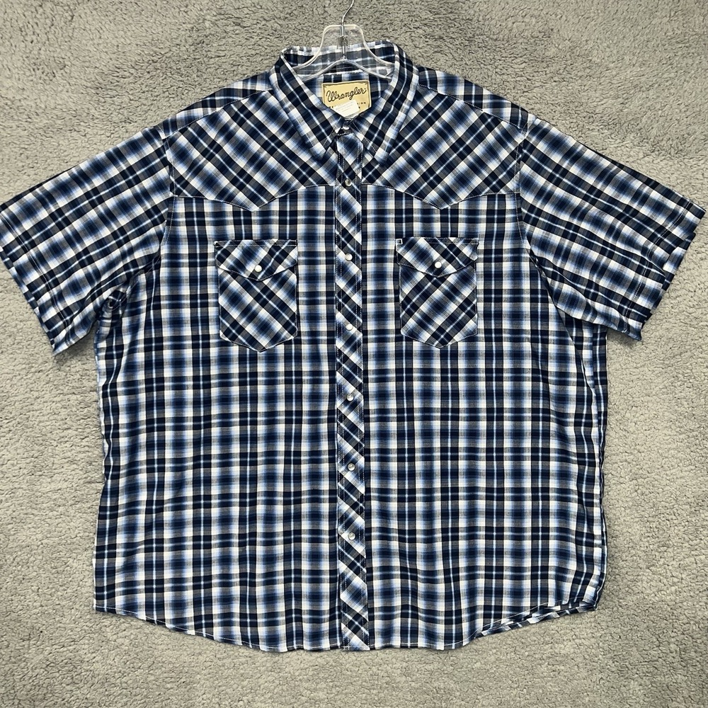 Wrangler Western Shirt Mens 2XL XXL Blue/White Check Pearl Snap Button Up Pocket